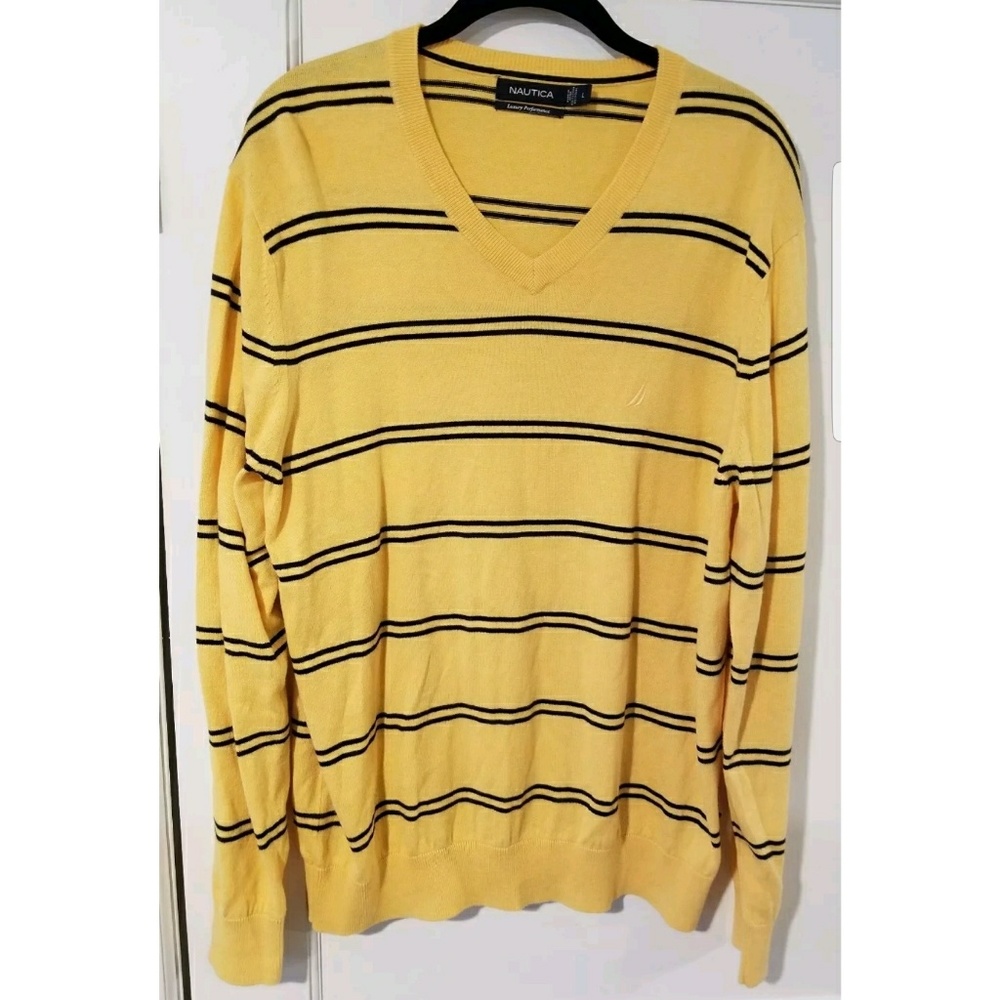 Nautica yellow and blue striped v-neck sweater